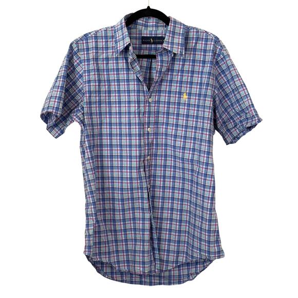 Men's Ralph Lauren Plaid Short Sleeve Button Up Collar Polo Tee Shirt - Medium - Picture 1 of 5